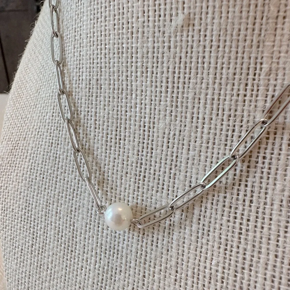 Stainless Steel Paperclip Chain Faux Pearl Necklace Adjustable for Layering - Picture 3 of 7